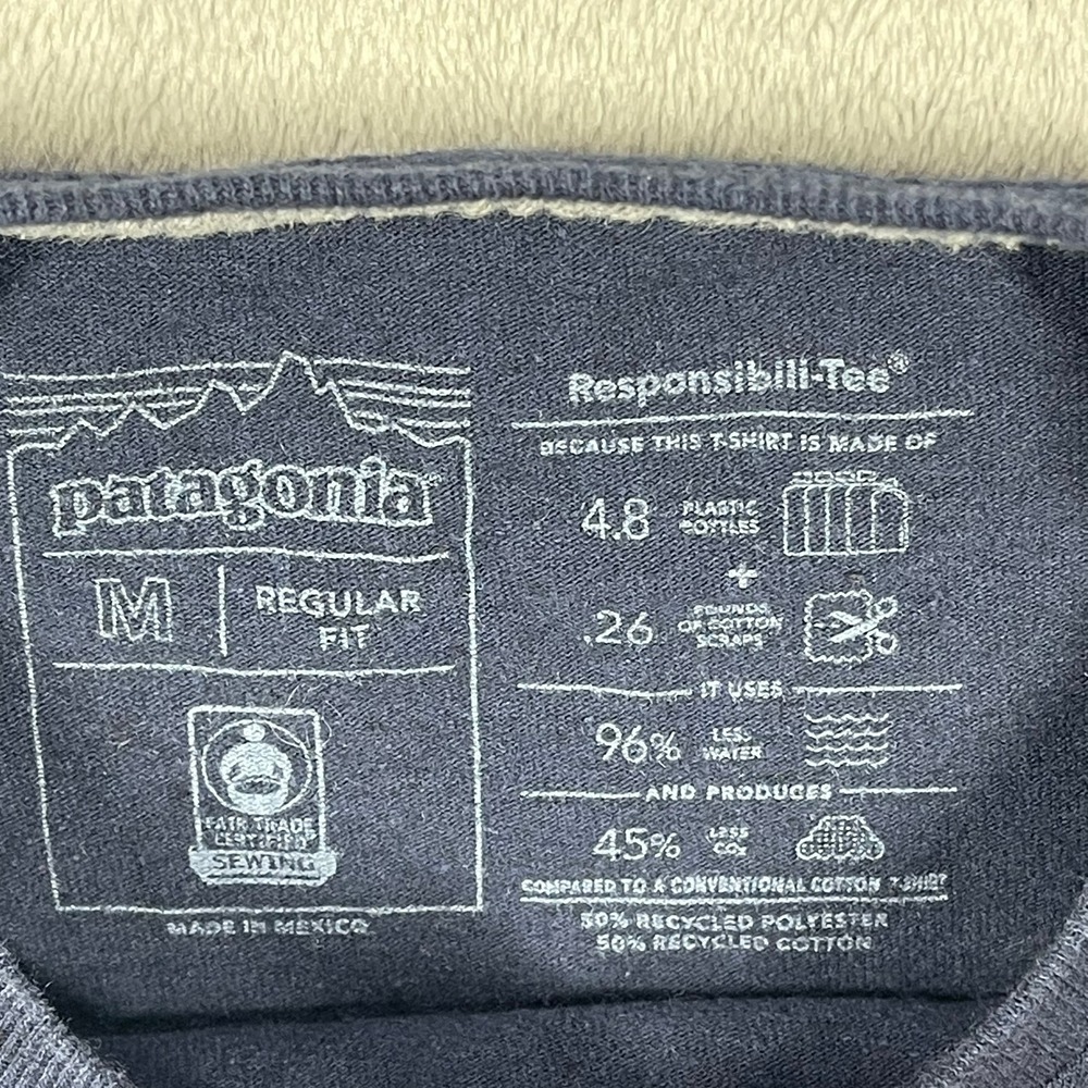Patagonia Responsibili-Tee Mens Medium Blue Long Sleeve P-6 Logo Graphic T-Shirt - Picture 2 of 6